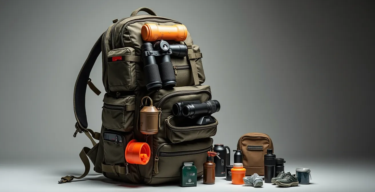 Cross-section view of hunting rucksack showing three distinct packing zones