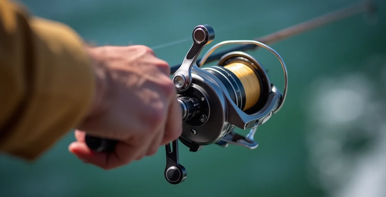 Close-up of angler's thumb controlling baitcaster spool during precision cast