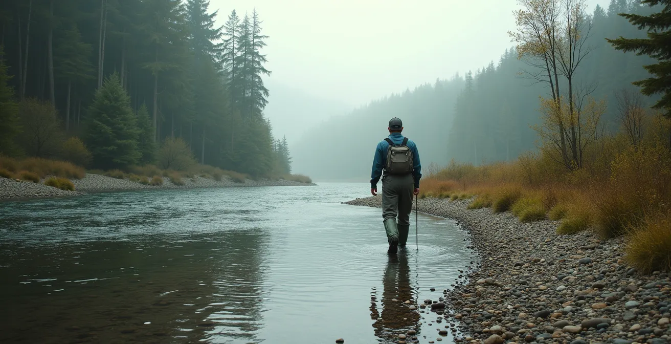 Angler carefully stepping on natural flat rocks along a riverbank, avoiding soil erosion.