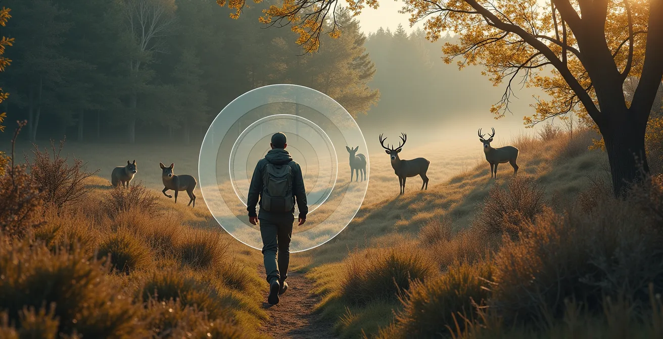 Aerial view showing concentric awareness zones around different wildlife species in mixed terrain