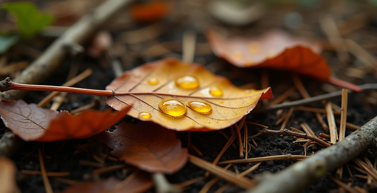 Macro view of blood trail evidence on forest floor leaves and vegetation