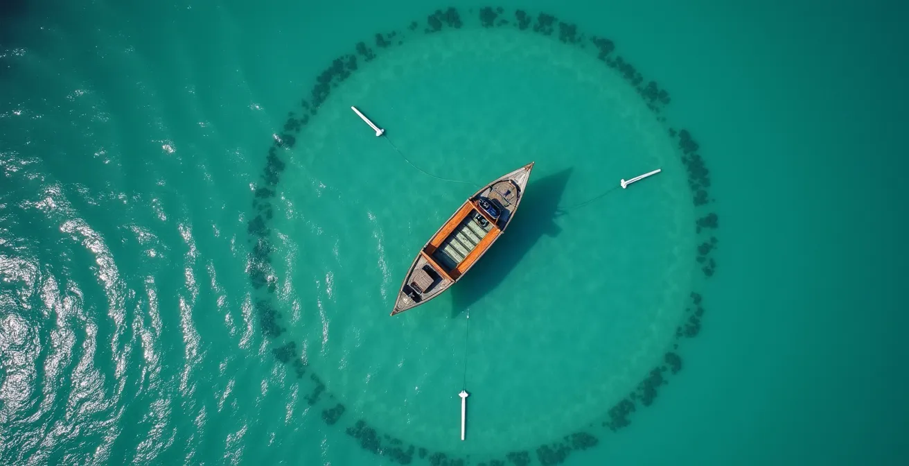 Overhead view of a boat with a dual anchor system controlling wind swing