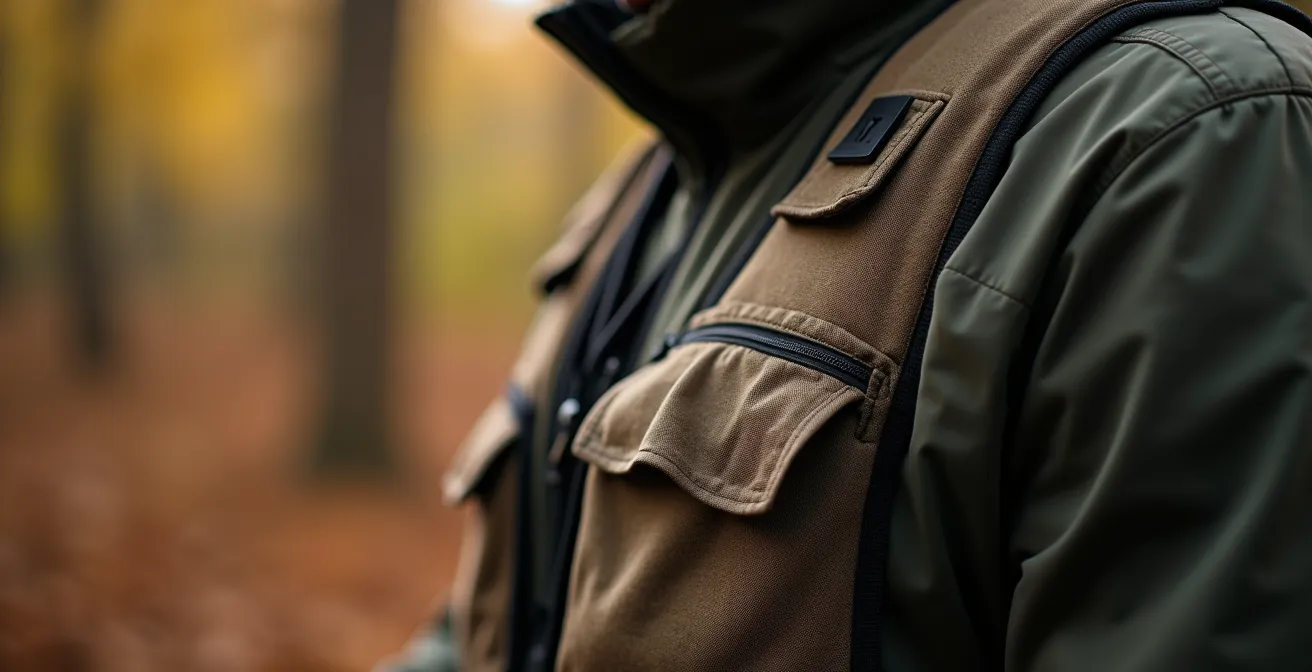Close-up of hunter's chest showing controlled breathing technique