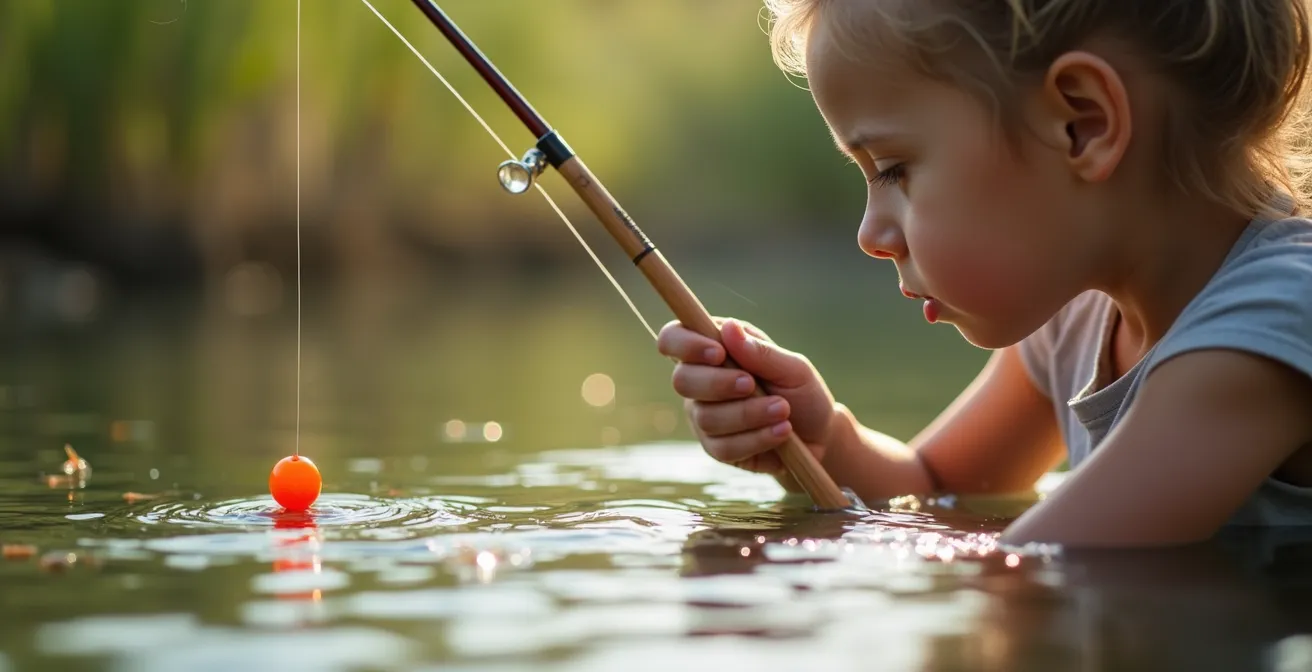Young angler actively engaged with responsive bobber setup in shallow water