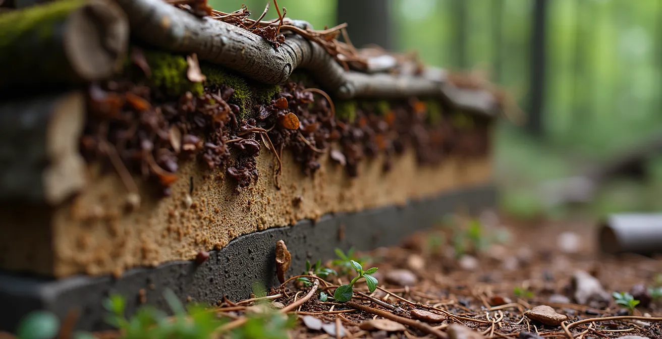 Cross-section view of properly constructed debris hut showing layered insulation and dead air spaces