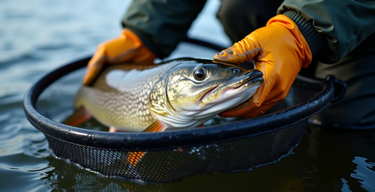 Deep landing net properly containing large pike with golden ratio depth