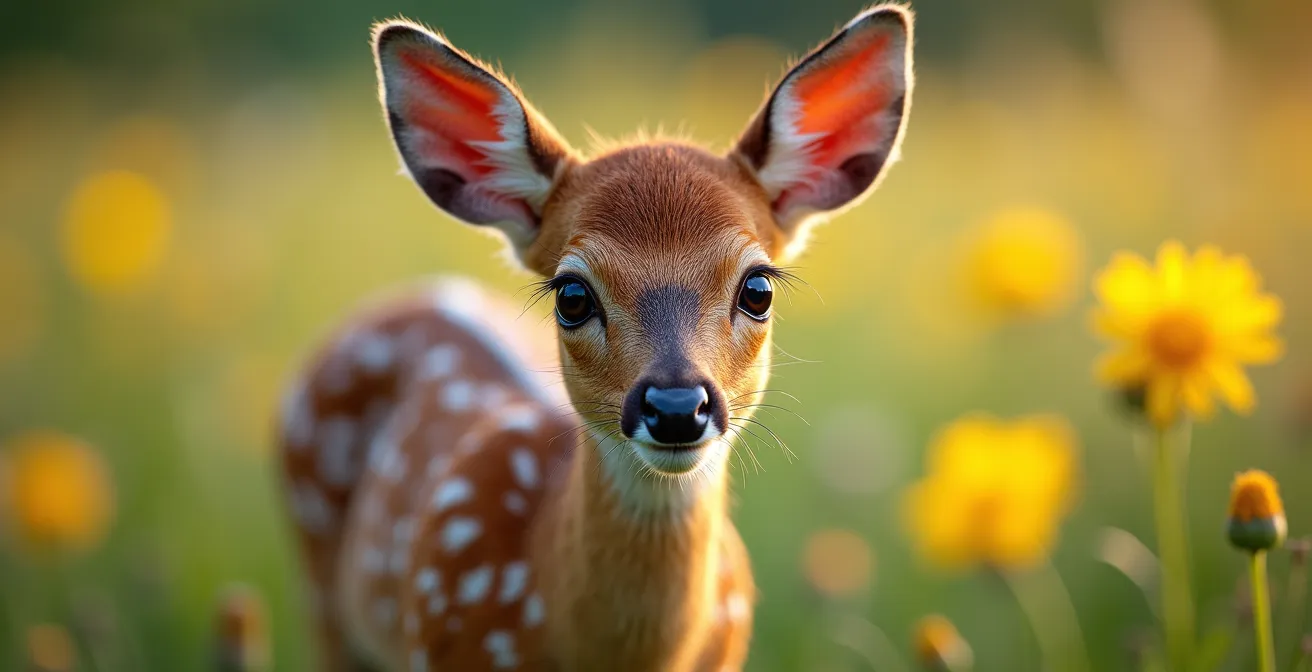 Extreme close-up of a fawn's spotted fur texture in a spring meadow setting, highlighting its vulnerability.