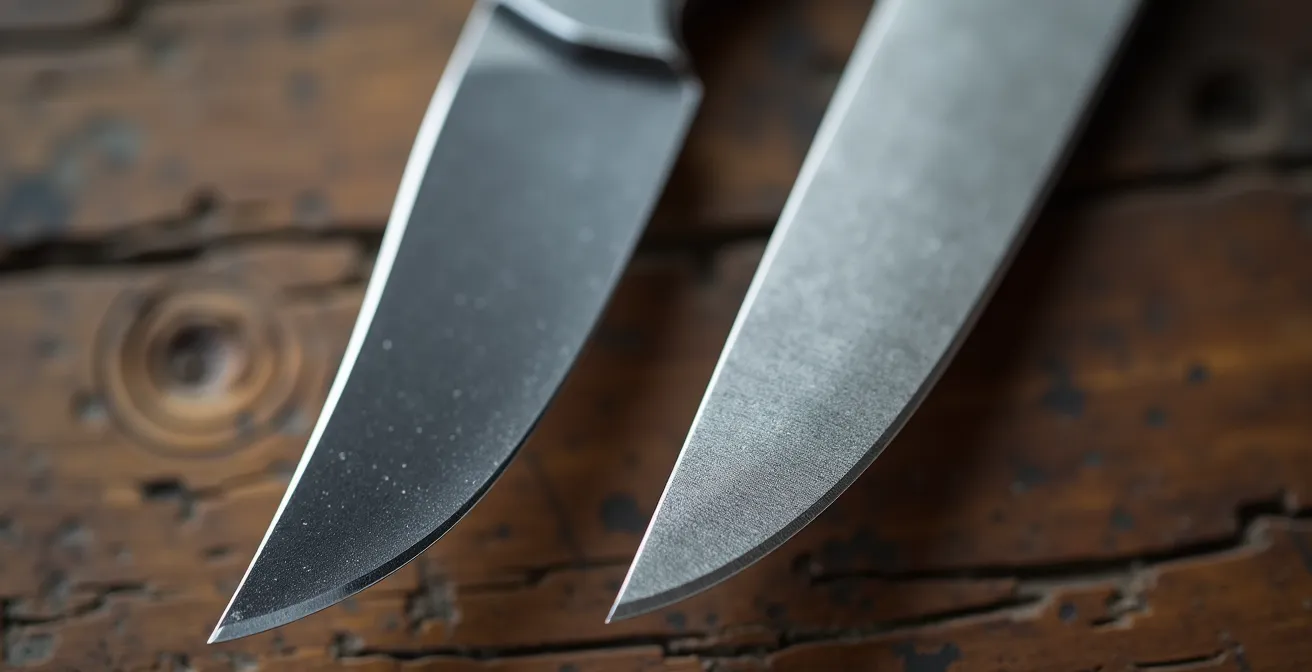 Close-up comparison of drop point and clip point hunting knife blade tips