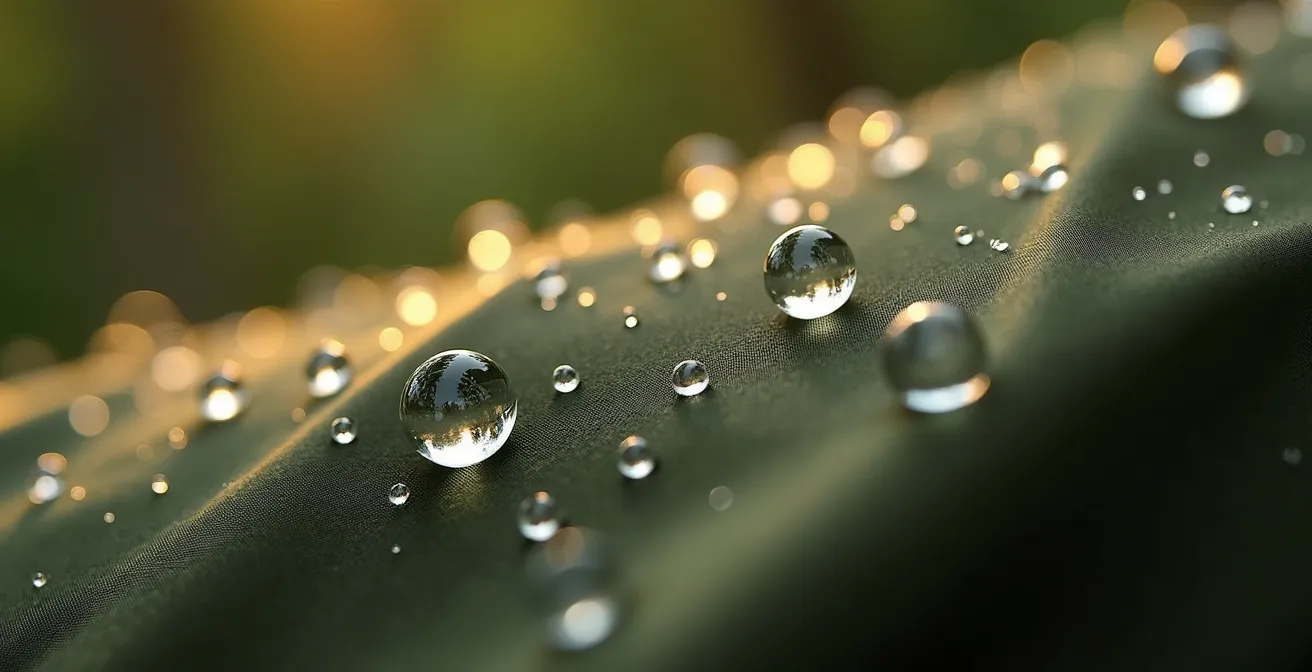 Close-up macro shot of water beading on treated fabric surface