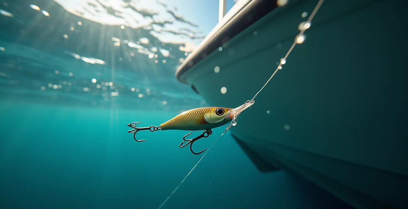 Underwater view of fishing lure executing figure-8 pattern near boat