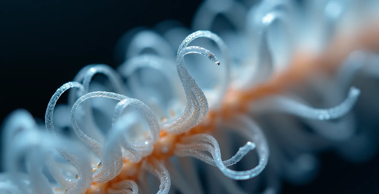 Extreme close-up of fish gill lamellae showing structural collapse during air exposure