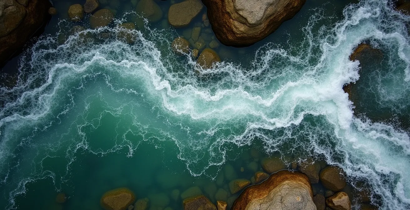 Overhead view of an angler demonstrating different casting angles relative to a river seam