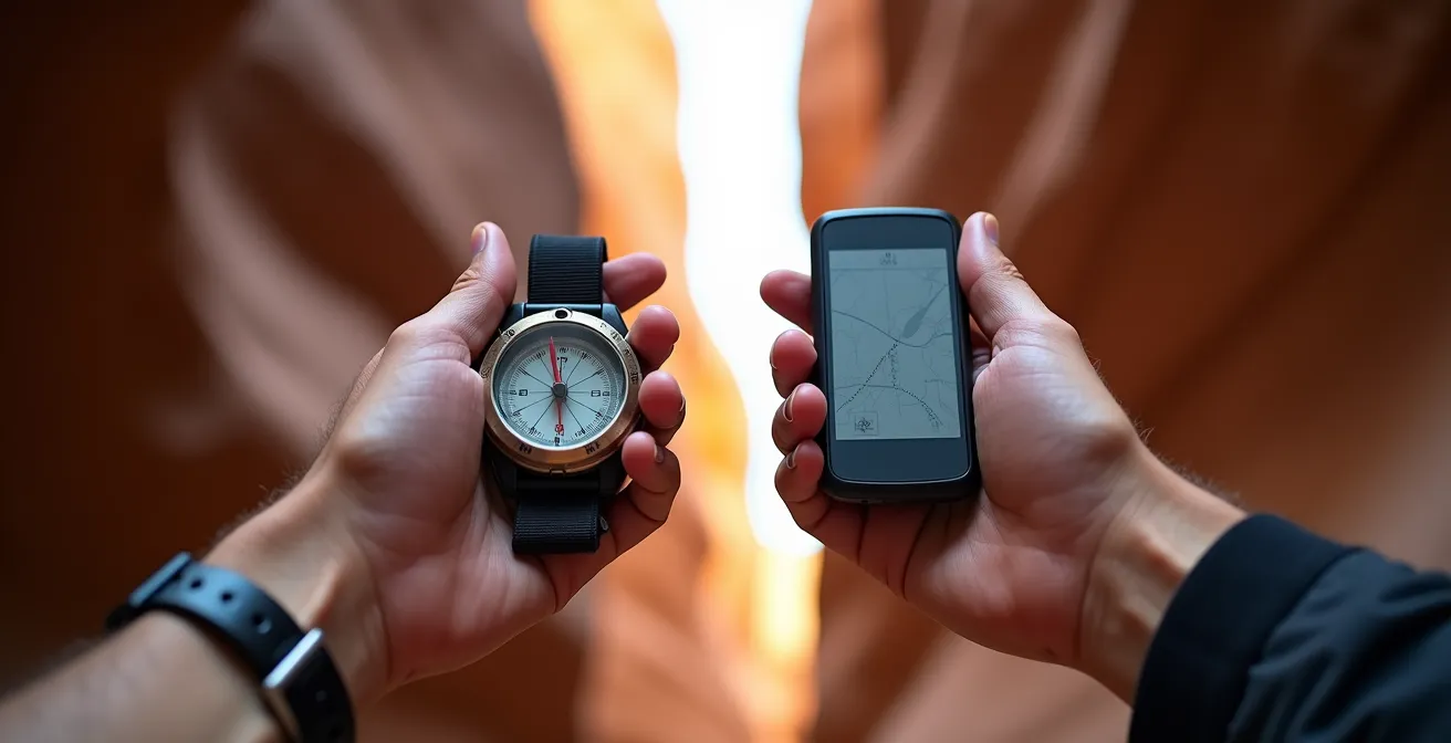 Hunter using GPS device and compass in narrow canyon with towering rock walls