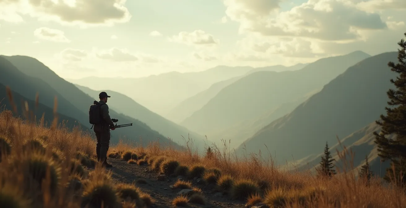 Wide landscape view of hunter in decision moment with changing conditions