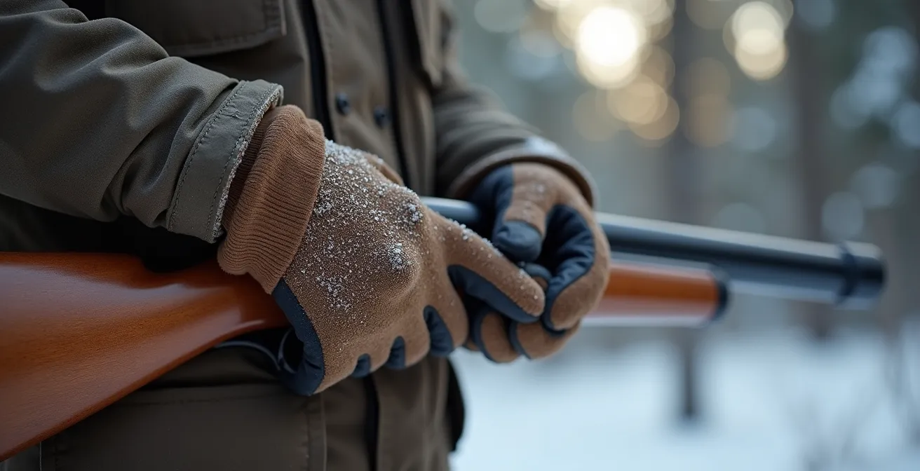 Hunter's hands demonstrating the two-glove layering system in winter conditions