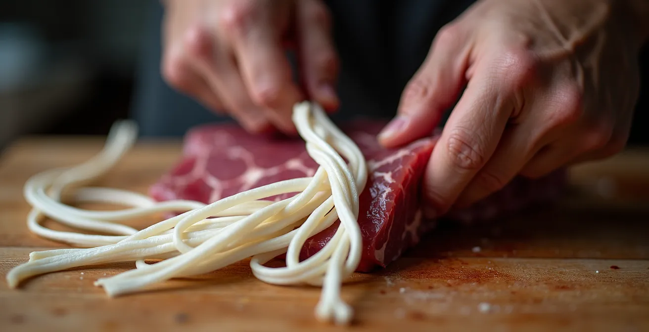 Close-up of hands extracting silver sinew from game backstrap