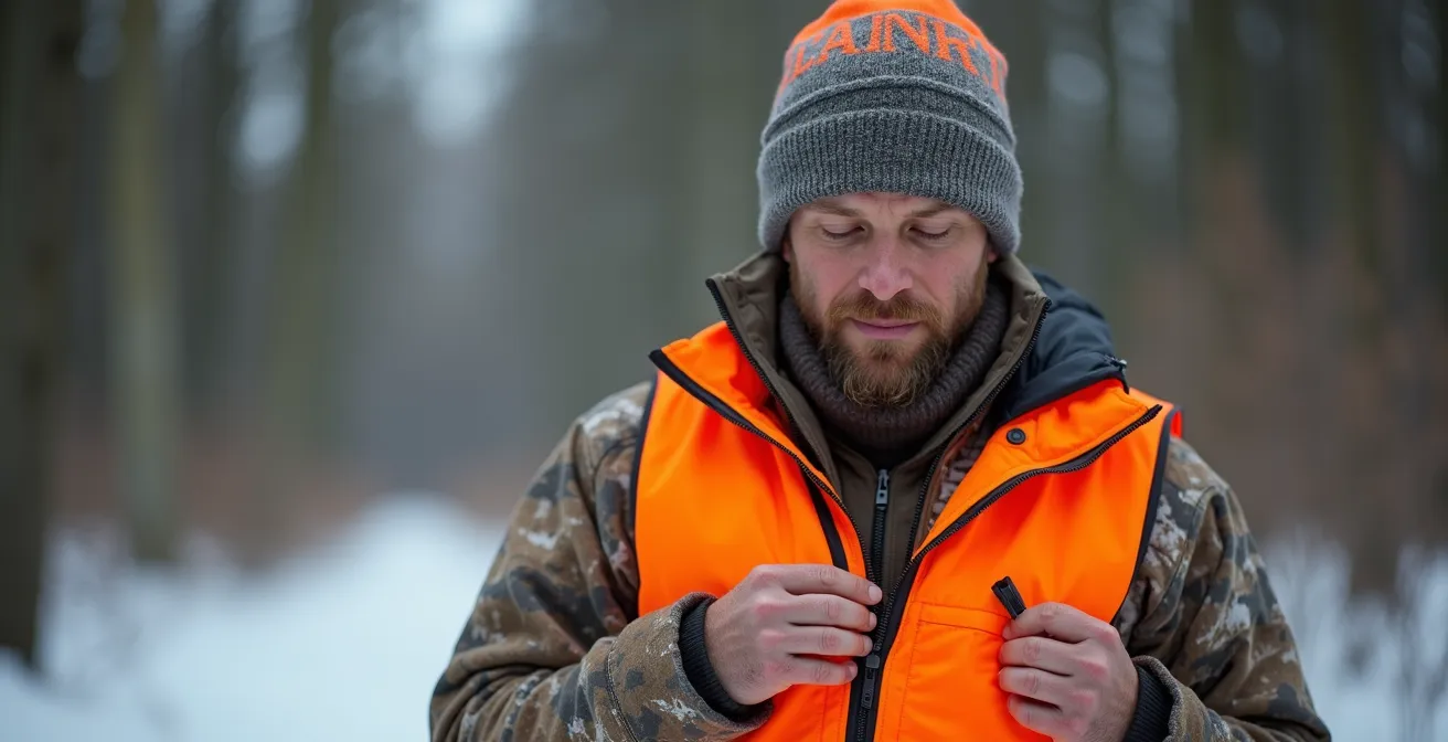 Hunter demonstrating proper layering technique with a blaze orange vest over a winter jacket.