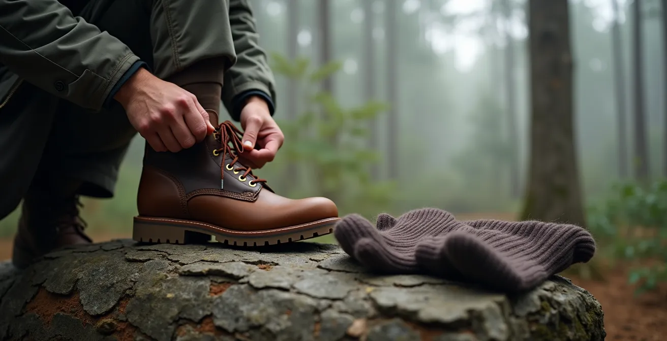 Hunter preparing boots and socks in minimalist morning camp scene
