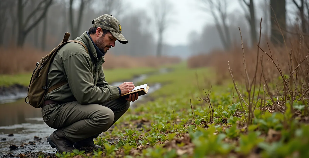 Hunter documenting wildlife observations in recovering habitat area