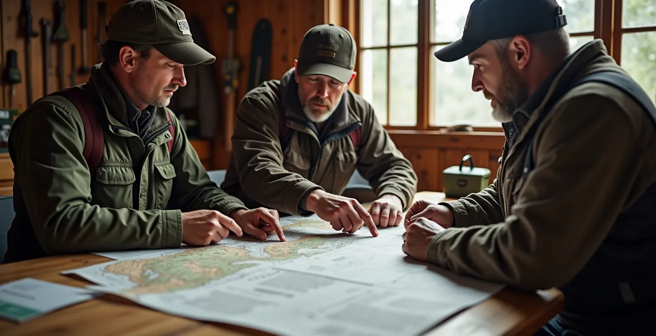 Hunters planning expedition routes on topographic map for efficient carpooling and reduced emissions