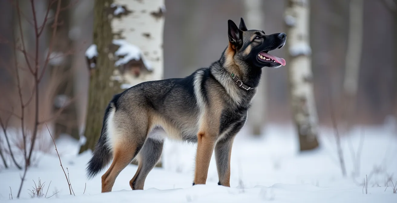 Elkhound dog barking up at treed bird in winter forest
