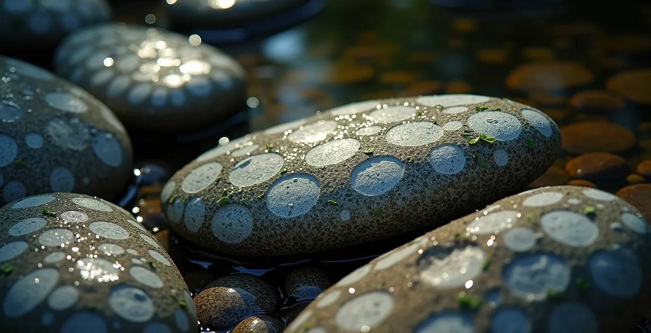 Microscopic detail of invasive aquatic plant cells and spores on fishing equipment