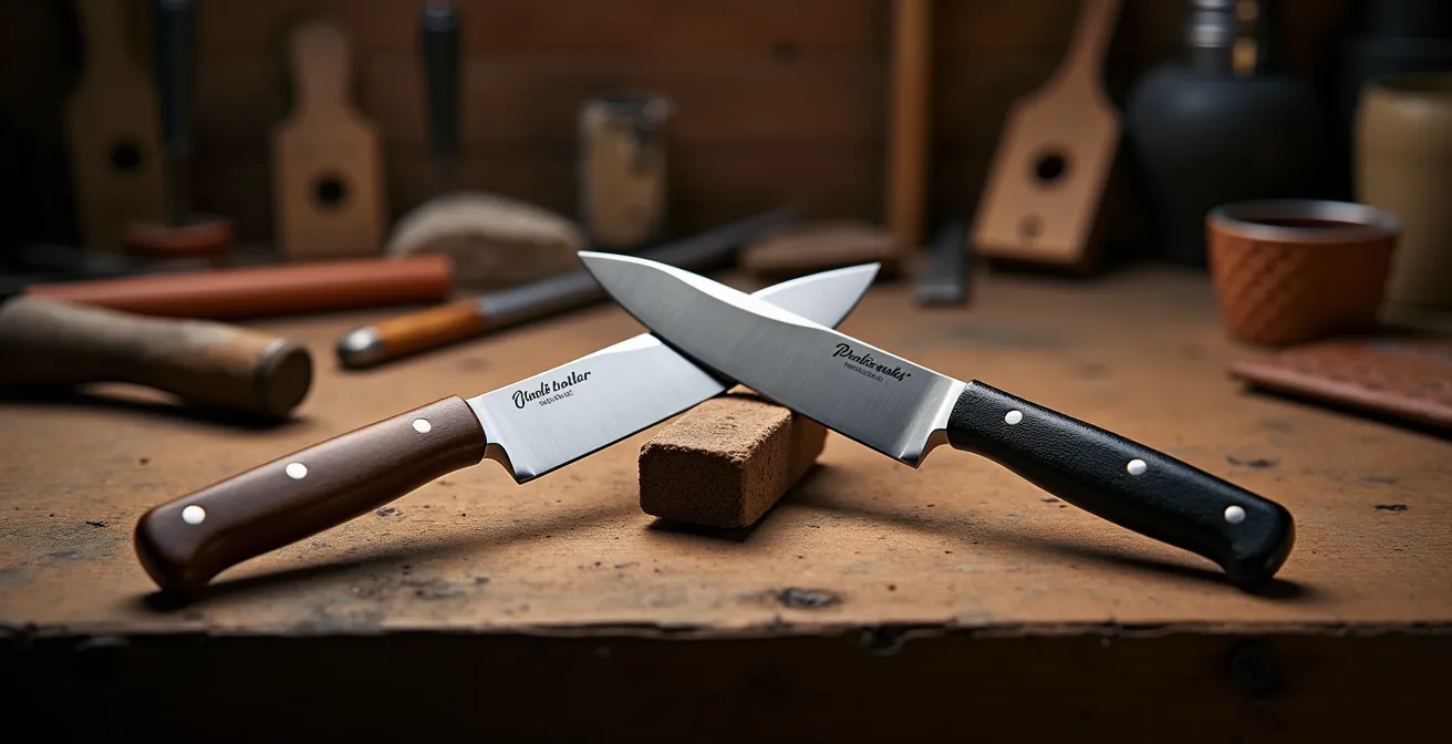 Two hunting knives showing different steel types after field use