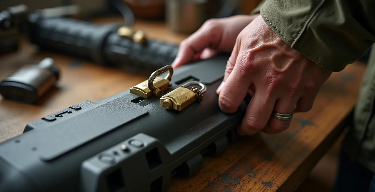 Hunter preparing locked rifle case for airline travel at home