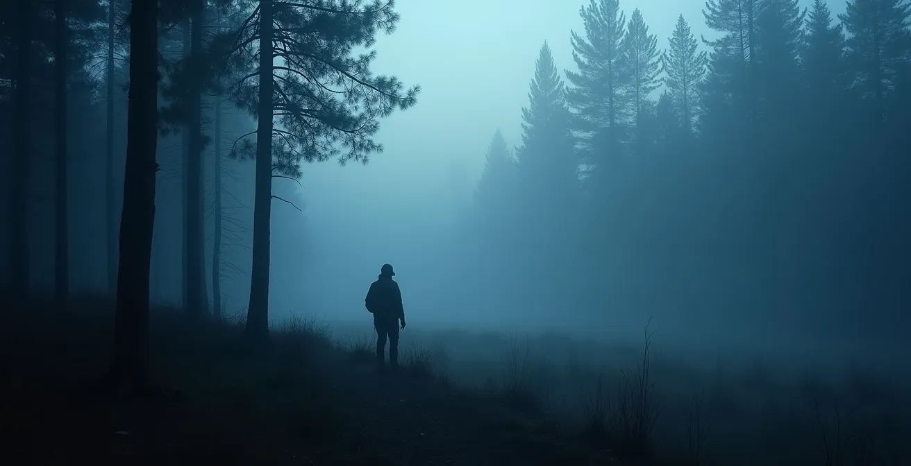 A hunter standing at the edge of a misty forest at dawn, illustrating the challenges of visibility in low light.