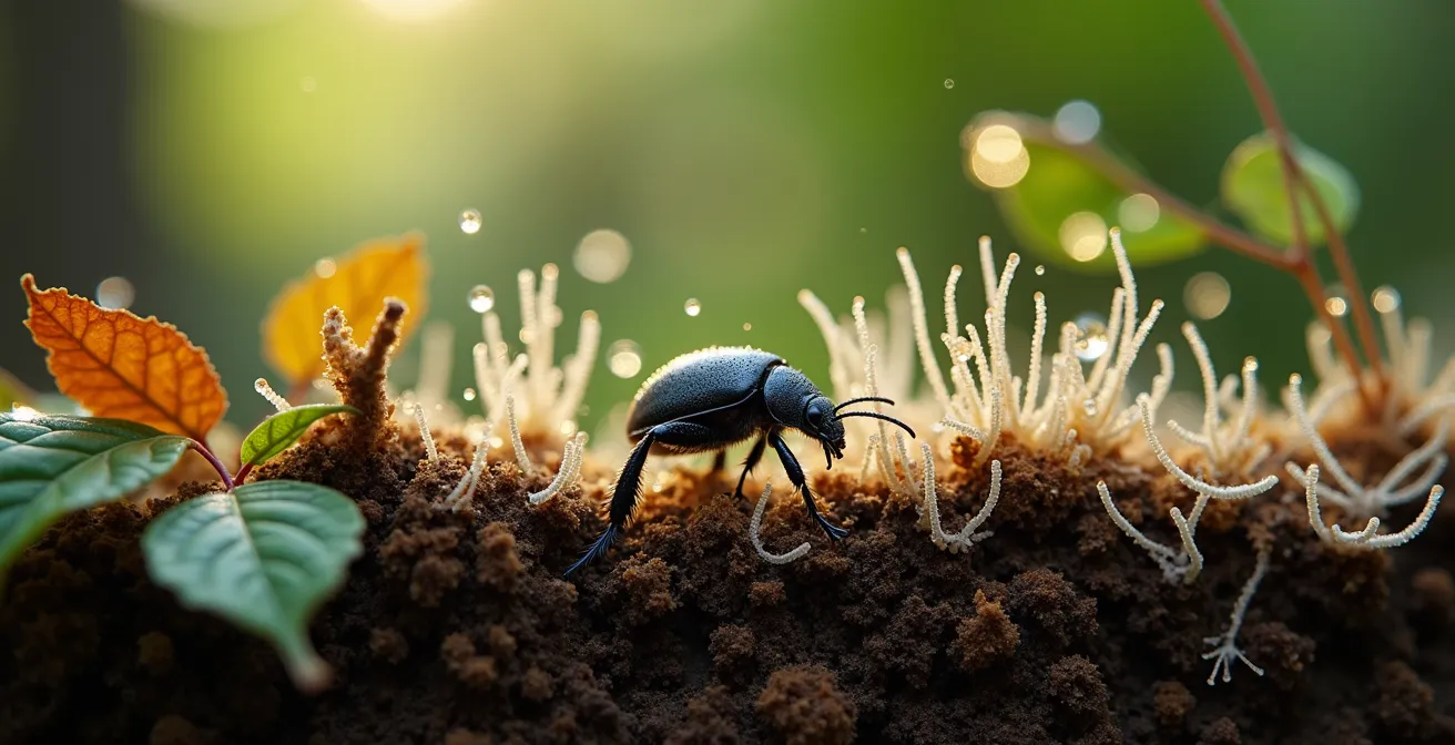 Extreme close-up of mycorrhizal fungi networks on the forest floor, showing ecosystem health