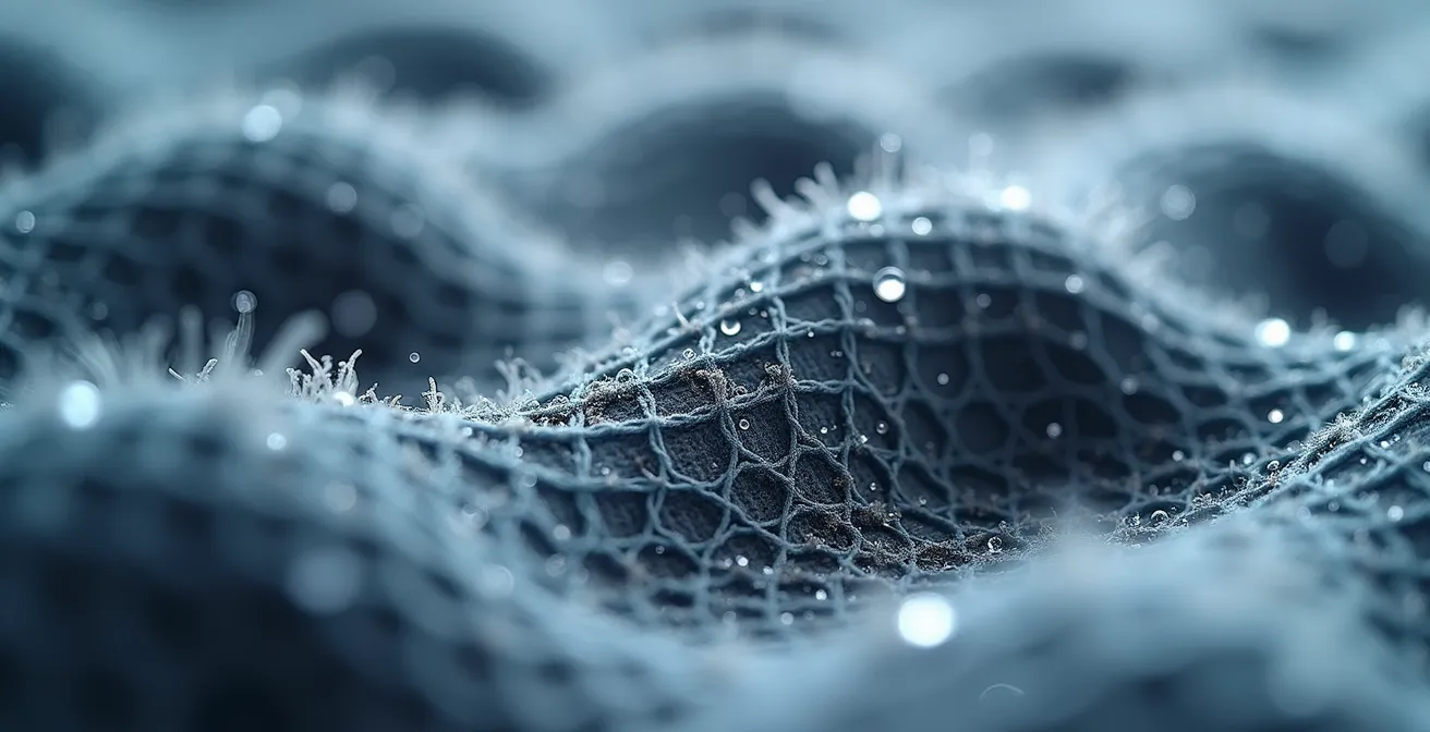 Extreme close-up of wool mesh fabric showing air pockets