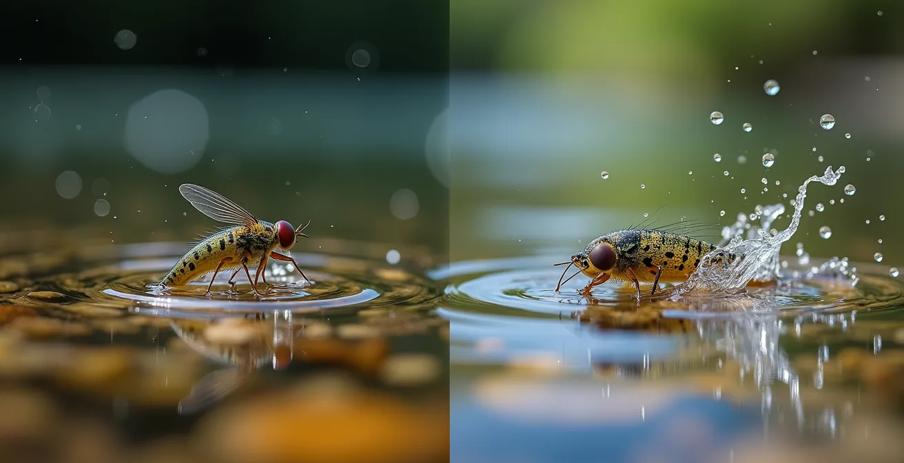 Close-up comparison of mayfly sip versus caddis splash rise forms on water surface