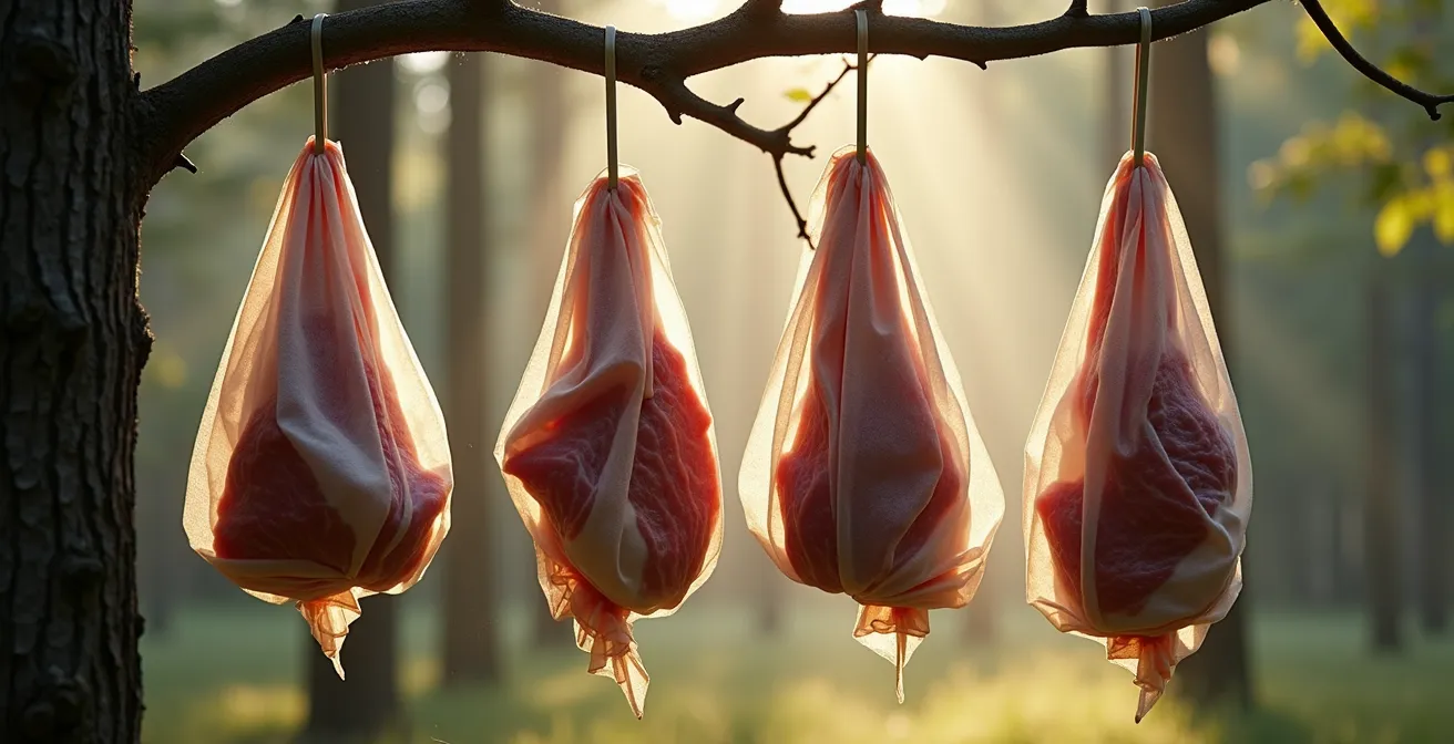 Game meat quarters hanging from tree branches with proper spacing for cooling