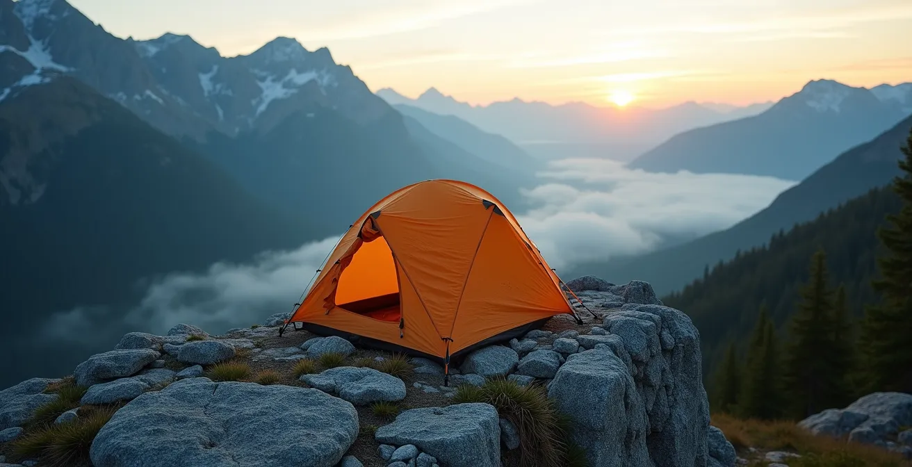 Ultra-light spike camp setup on durable rock surface demonstrating minimal environmental impact