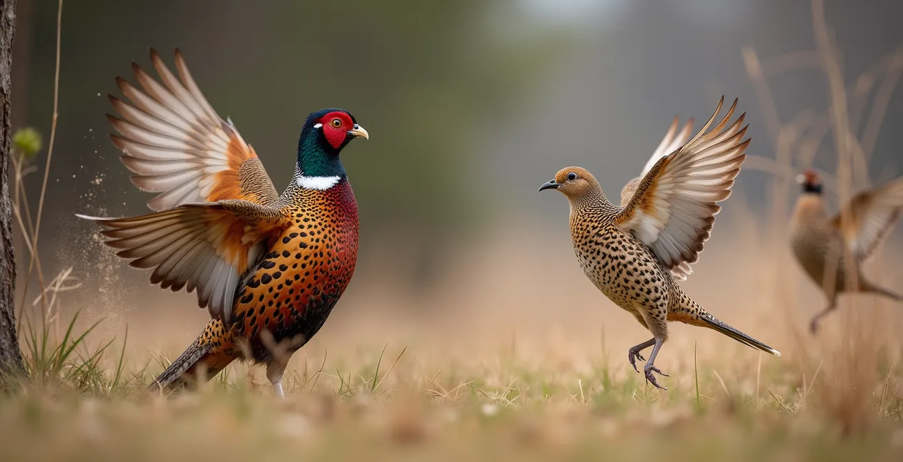 Split scene showing different flush patterns of pheasant versus quail in natural habitat