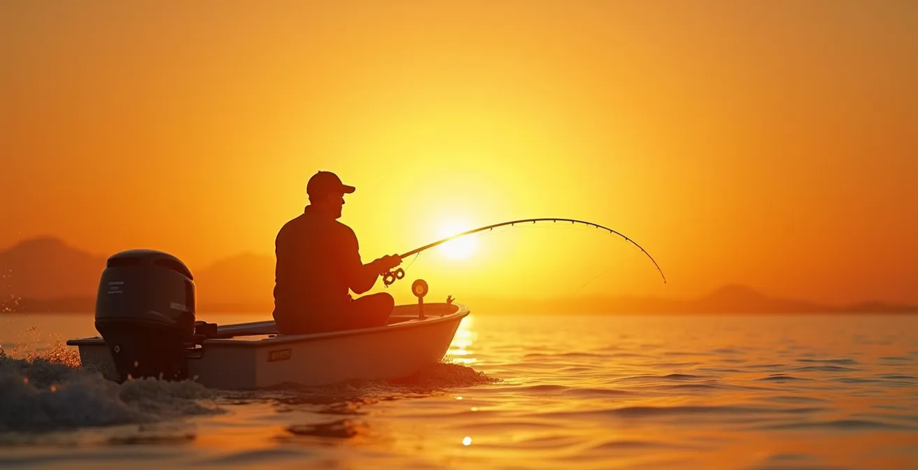 Angler demonstrating correct rod angle while fighting a fish from a boat