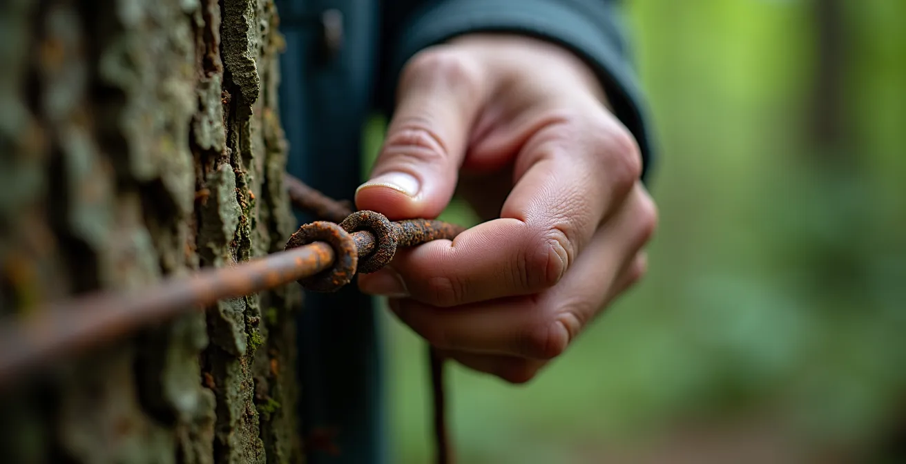Macro shot of hunter's hand carefully removing old fence wire from forest floor