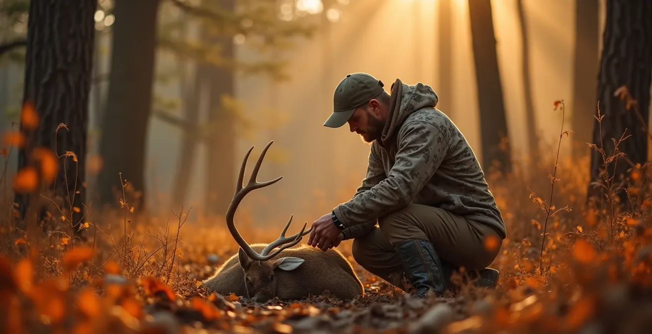 Hunter kneeling respectfully beside harvested game in natural forest setting