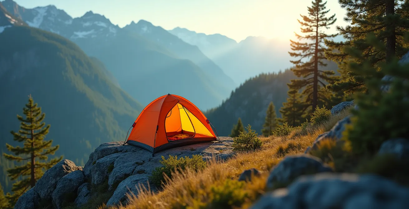 Split view showing ridge camping versus valley camping perspectives in wilderness