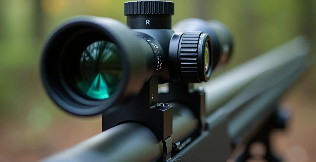 Extreme close-up of rifle scope showing bubble level and cant angle indicators
