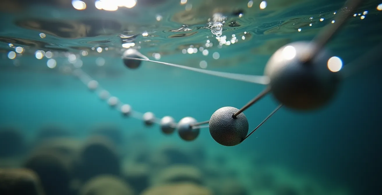 Underwater macro view of split-shot weights distributed along clear monofilament line