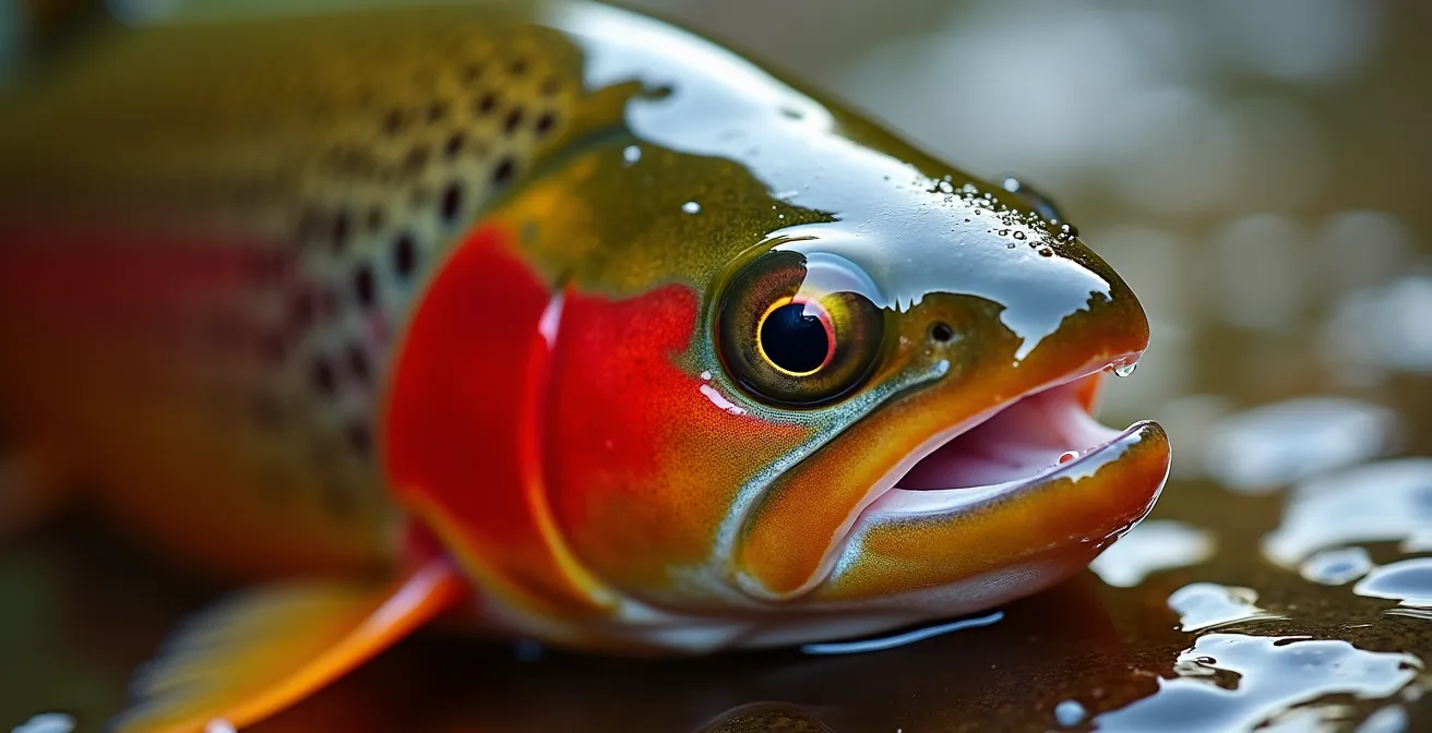 Macro shot of rainbow trout gills showing detailed gill filaments and water flow