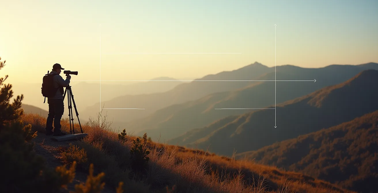 Wide landscape view showing systematic grid search pattern with tripod-mounted binoculars