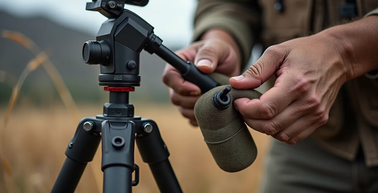 Hunter's tripod setup with weight bag for wind stability