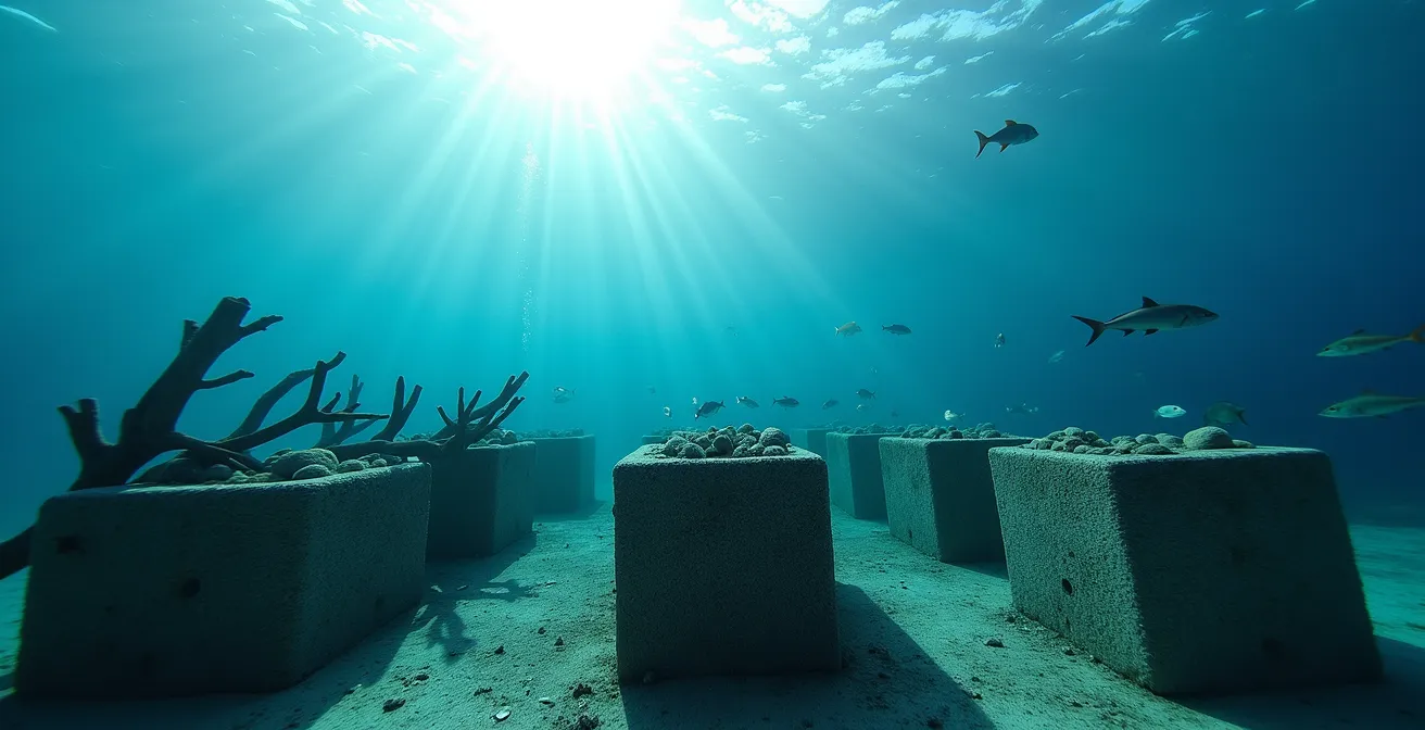 Split underwater view showing different artificial reef materials with fish congregating