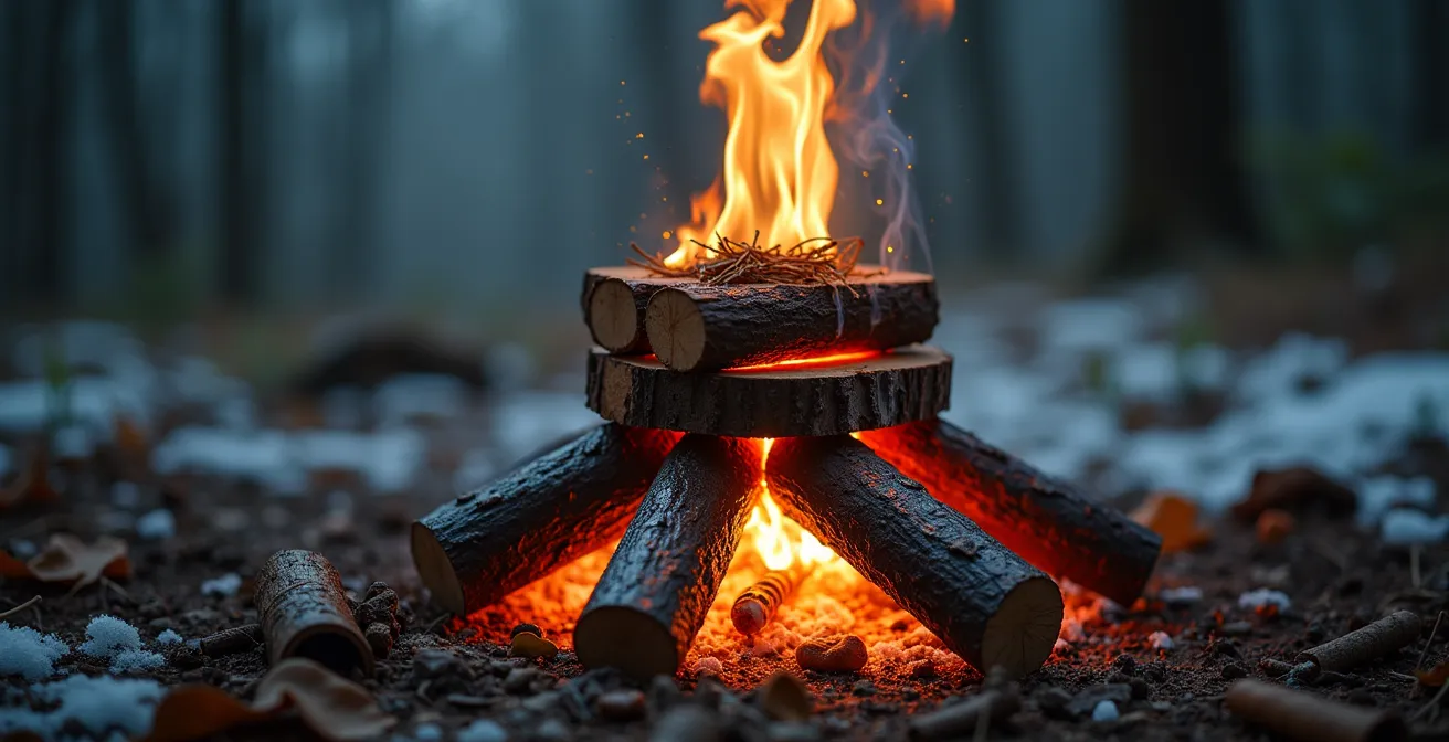 Upside-down fire lay technique showing largest logs at bottom with tinder on top