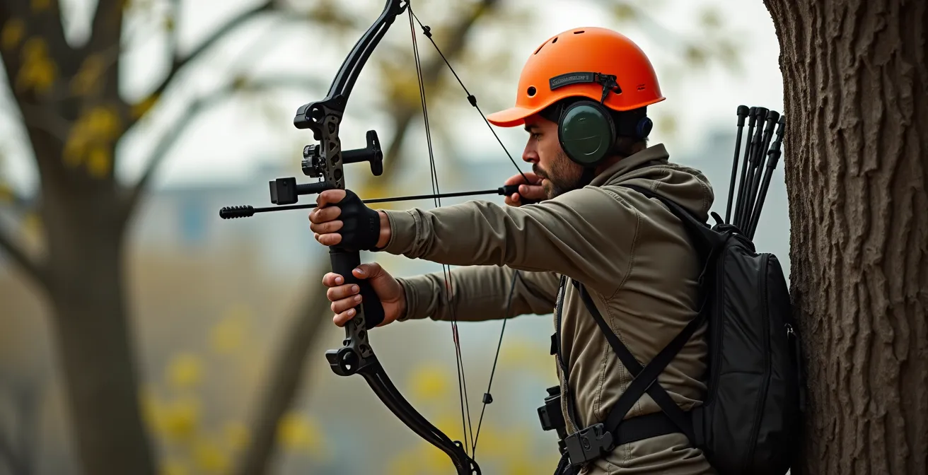 Professional archer in elevated tree stand demonstrating steep angle trajectory physics