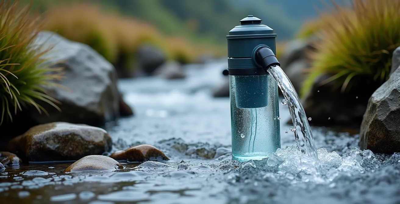 Water filtration setup at alpine stream with clear mountain water