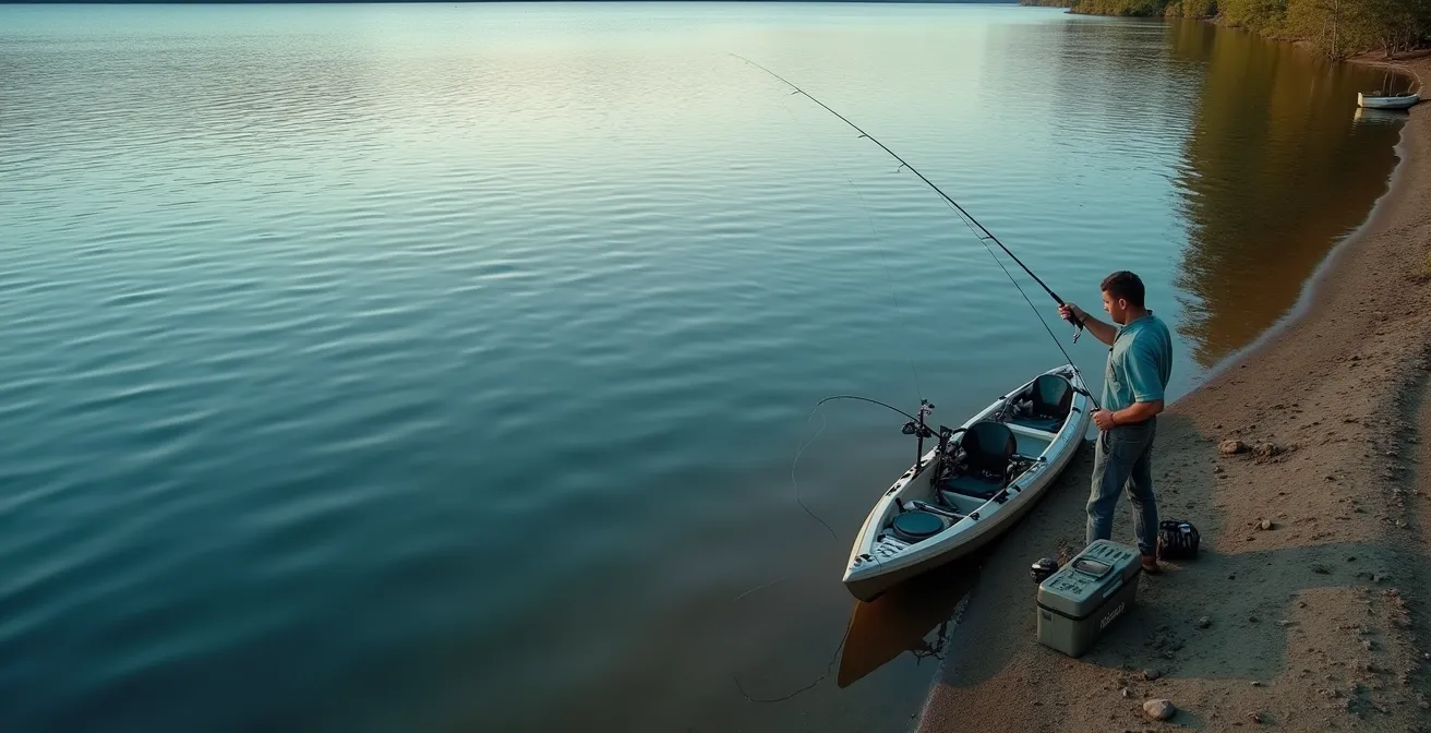 Visual comparison of bank fishing versus kayak fishing setups showing patience investment differences