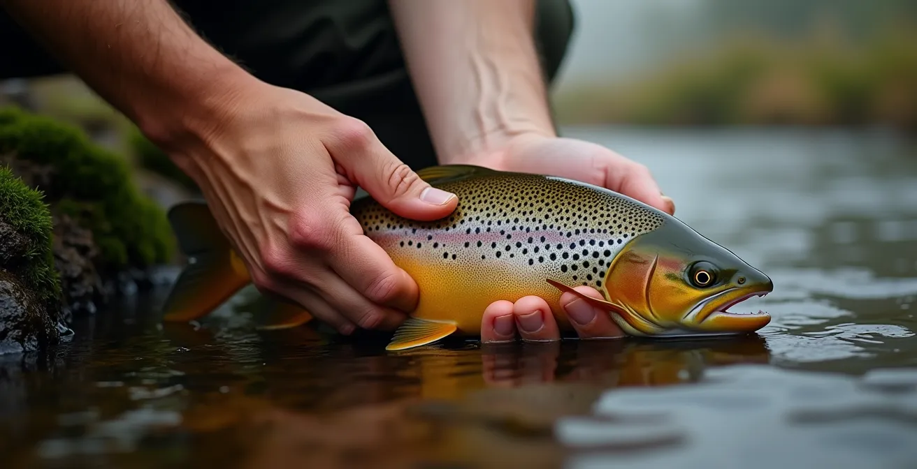 Close-up of wet human hands gently holding a brown trout horizontally above water